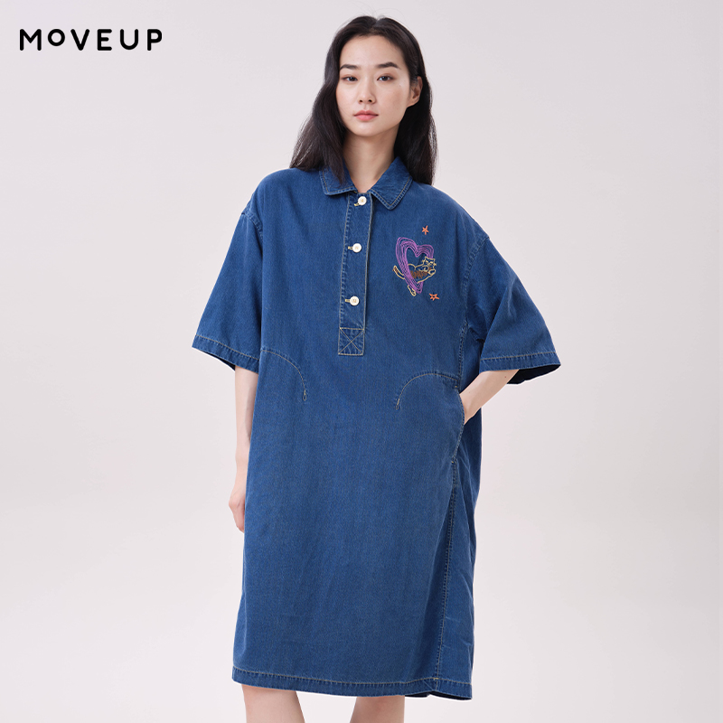 Midi Dress - MOVEUP Lyocell Denim Elbise Polo Yaka