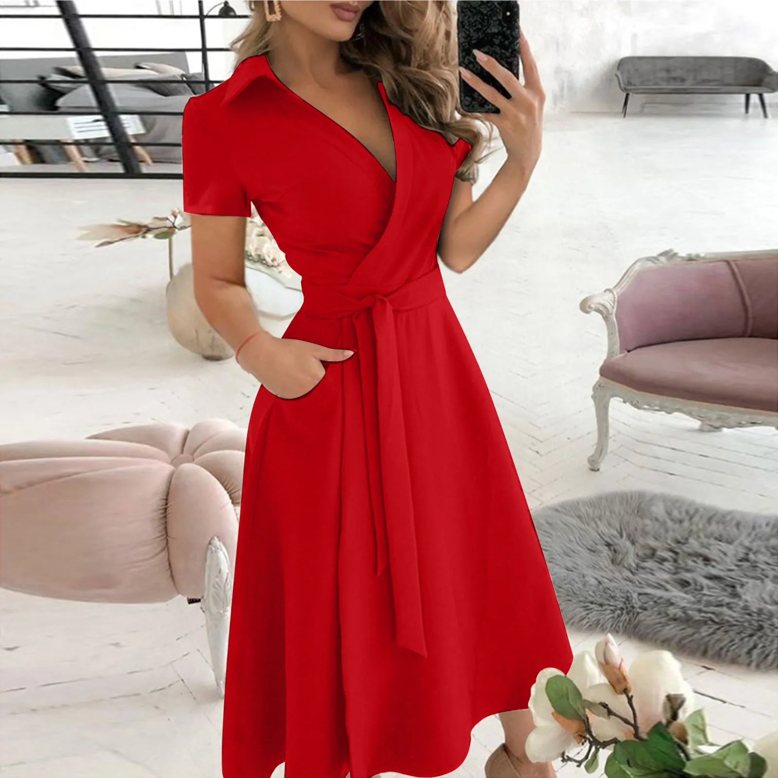 Women'S Red Formal Wear - İlkbahar yaz moda ofis dantelli elbise