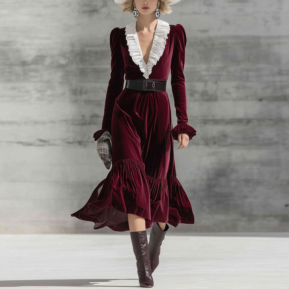 Midi Dress - 2026 Kadife Zarif Denizkızı Elbise Kadınlar
