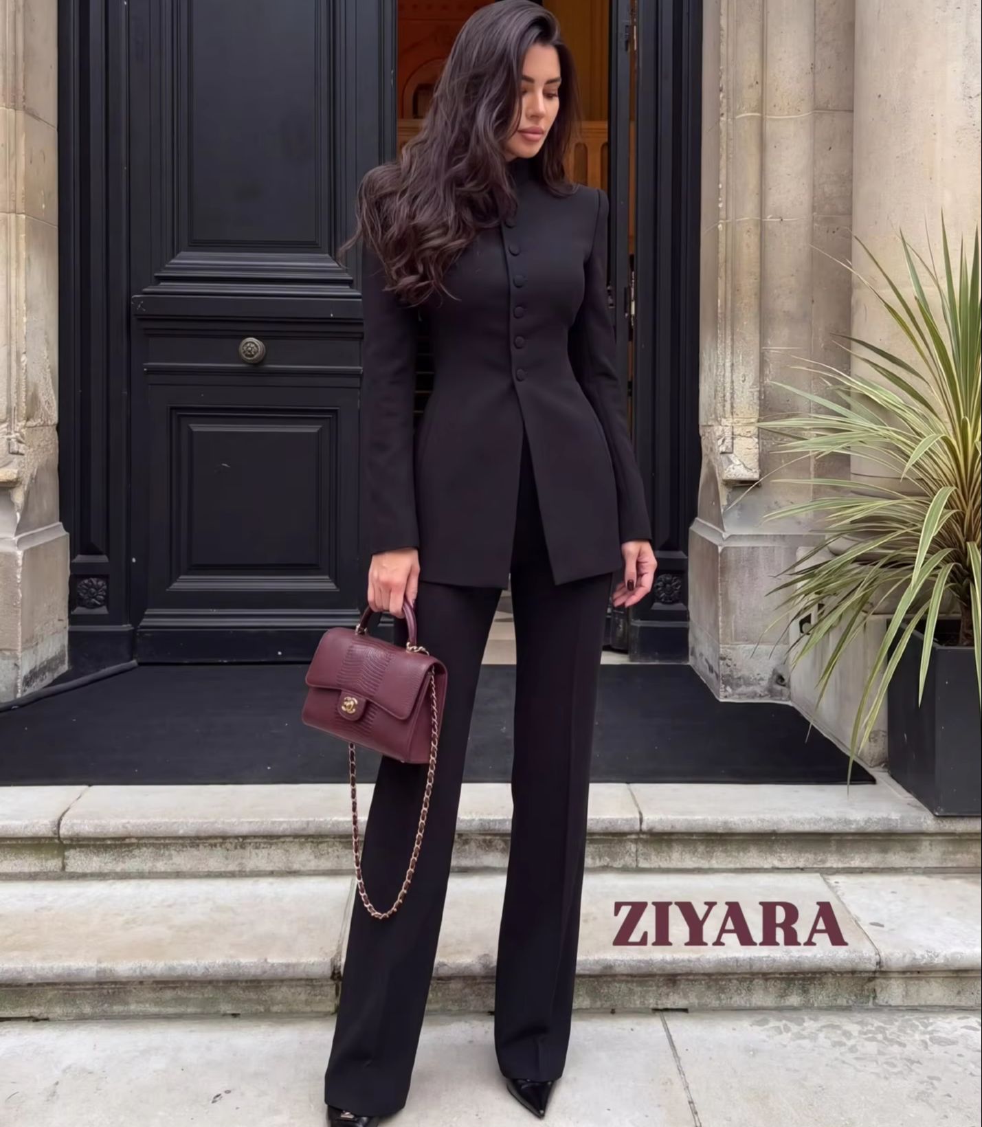 Womens Blazer - Kadın 2 Parça Takım Mandarin Yaka