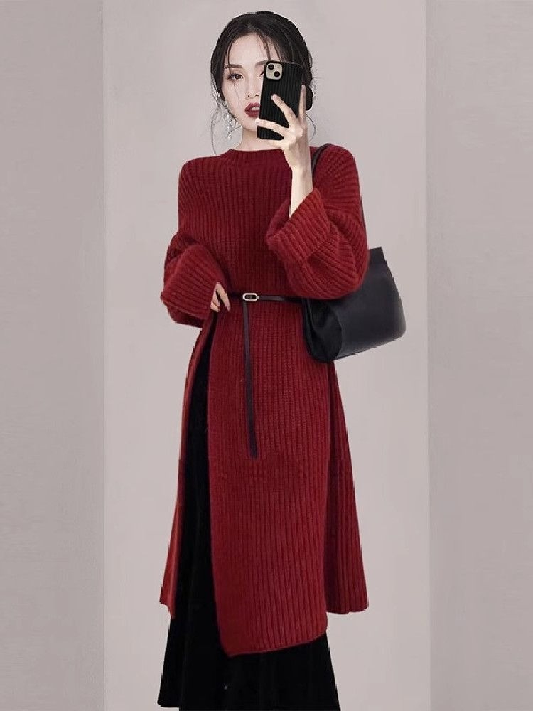 Women'S Red Formal Wear - Kadınlar Zarif Kırmızı Örgü Elbise Sonbahar