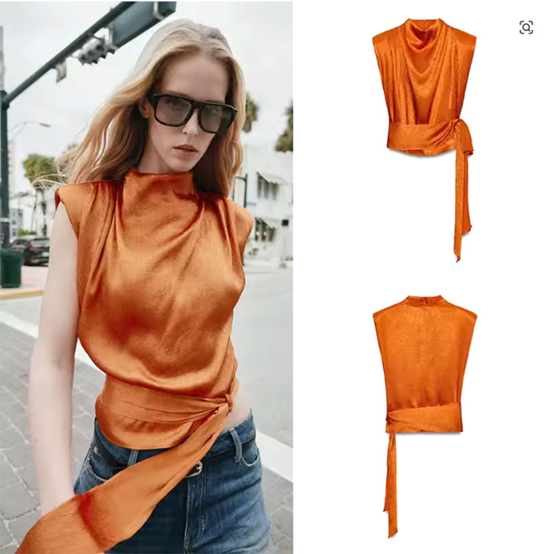 Silk Blouse - Saten Şal Yaka Kolsuz Crop Top,