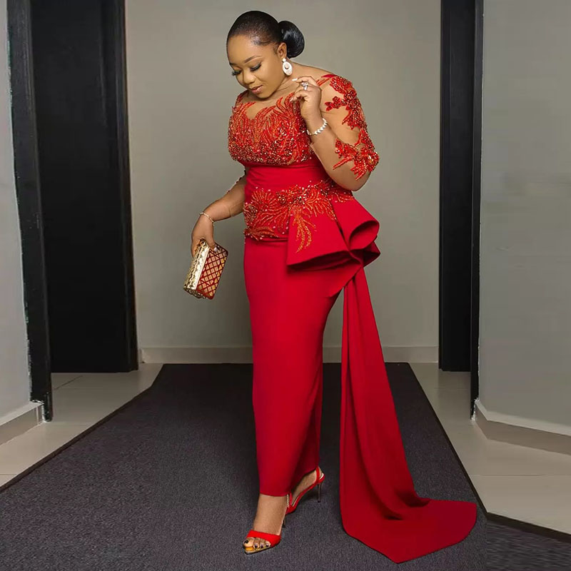 Women'S Red Formal Wear - Kırmızı Dantel Aplikler Balo Elbise Şeffaf