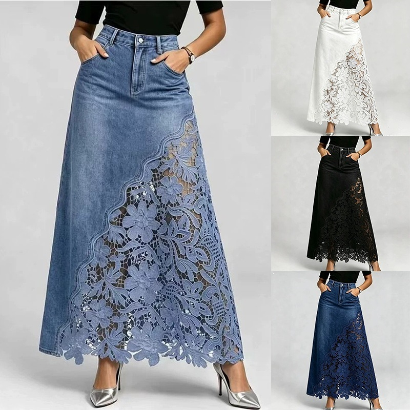 Formal Skirt - Kadın Zarif Dantel Detaylı Kot Etek