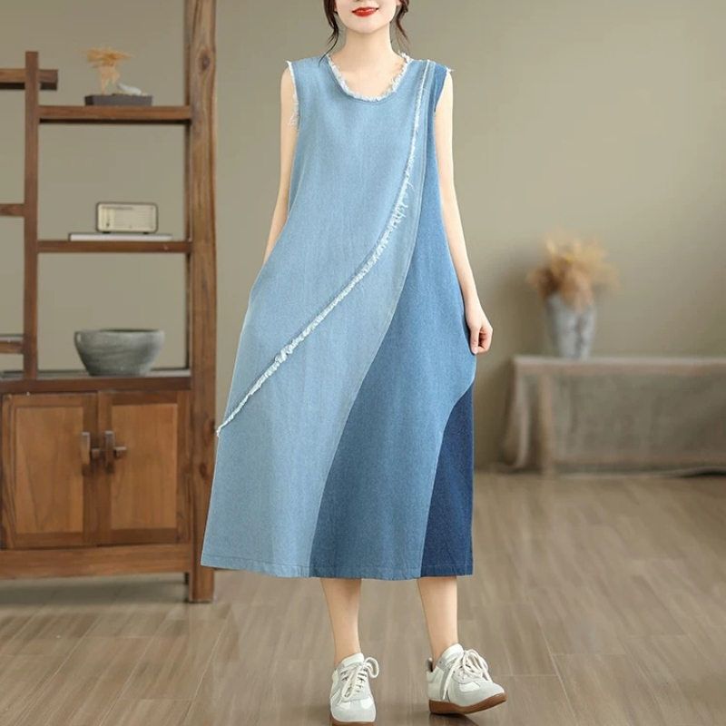 Midi Dress - Kadın Kolsuz Patchwork Denim Midi Elbise,