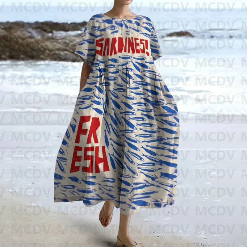Midi Dress - Japon Vintage Balık Sanat Baskı Kadın