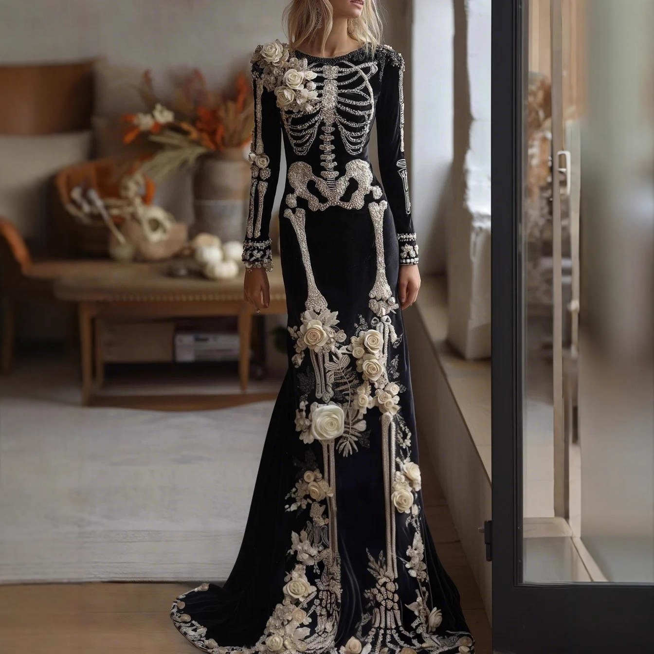 Evening Gown - 2026 Yeni Kadın İskelet Desenli Çiçekli
